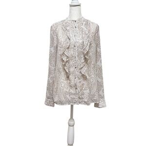 Calvin Klein Cream Paisley Ruffle Button-Up Blouse